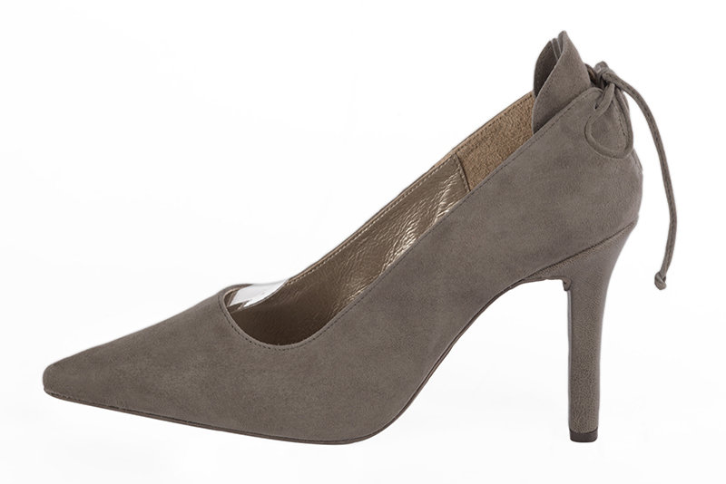 Taupe brown women's dress pumps, with a round neckline. Pointed toe. High slim heel. Profile view - Florence KOOIJMAN